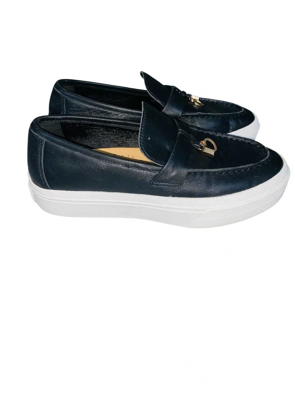 J/SLIDES Black Leather Platform Slip On Loafers Gold Tone Charms Size 8.5